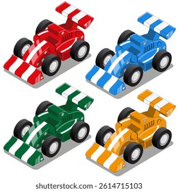 Set of funny sports racing cars. Isometric. Isolated on white background. Vector illustration.