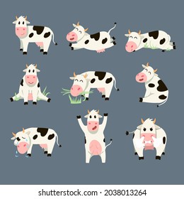 Set of funny spotted cow on grey background. Cartoon vector illustration. Drawing of smiling, crying, angry, sitting farm animal character in various poses. Animal, nature, farming, humor concept