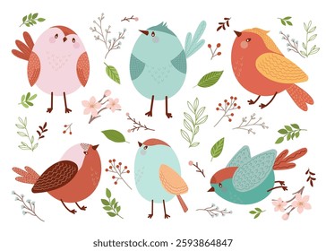 Set with funny spring birds. Isolated hand drawn illustration.