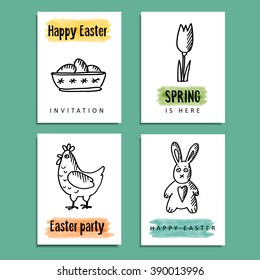 Set of funny spring easter greeting cards with hand drawn doodle illustrations, isolated vector objects