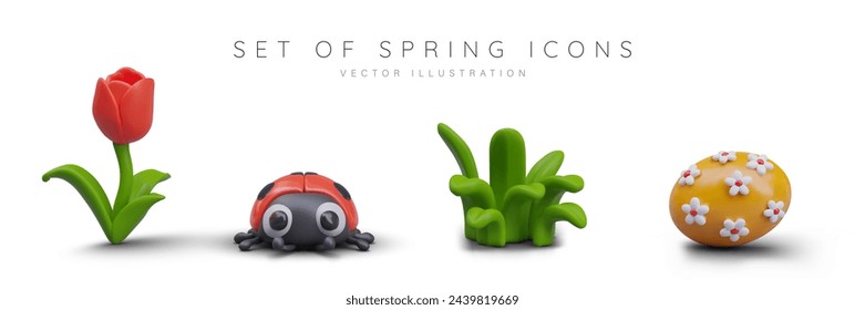 Set of funny spring objects in cartoon style. Red tulip, ladybug, green grass, decorated egg