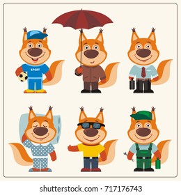 Set funny Squirrel in different clothing: sportsman, worker, manager, summer, autumn, sleepwear.