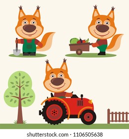 Set of funny squirrel farmer with shovel, with wheelbarrow with vegetables, in farm tractor. Collection of squirrel is working on the farm.