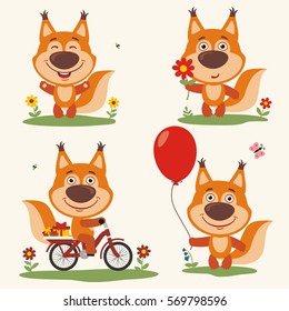 Set of funny squirrel plays on meadow, on bicycle, with balloon and flower in cartoon style.