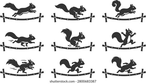 Set of funny squirrel silhouettes balancing on tightropes made of bamboo poles for circus or adventure themes