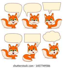 Set of funny squirrel with speech bubbles in different poses and emotions.