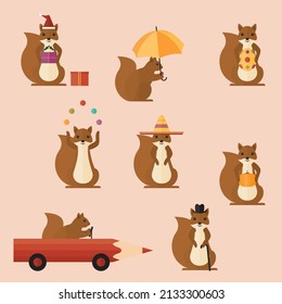 set of funny squirrels animal forest pencil car umbrella easter egg juggling sombrero halloween pumpkin christmas presents hat walking stick vector on pink background flat design