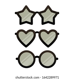 Set of funny star, herat and circle shaped eye glasses isolated on white background. Various black eyeglasses. Vector illustration for your graphic design.