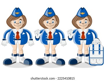 Set of funny stewardesses. Isolated on white background. Vector illustration. 
