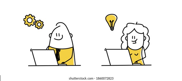 Set with funny stick figures working on laptop with wheel and bulb icons. Hand drawn vector illustration.
