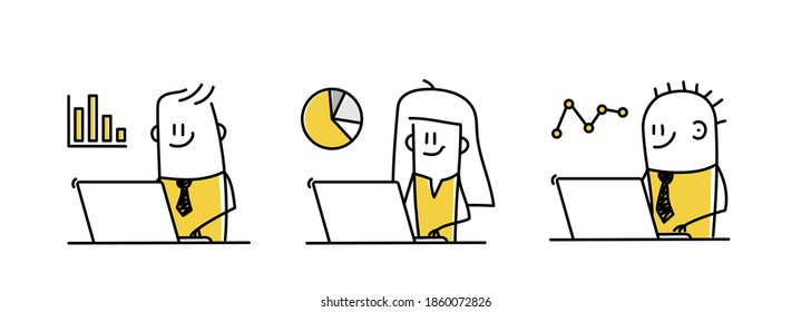 Set with funny stick figures working on laptop with graph icons. Hand drawn vector illustration.