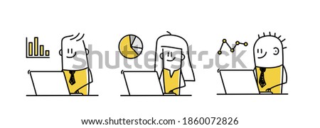 Set with funny stick figures working on laptop with graph icons. Hand drawn vector illustration.