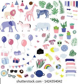 Set of funny stickers with animals, sweets, planets, plants, flowers, tea and coffee