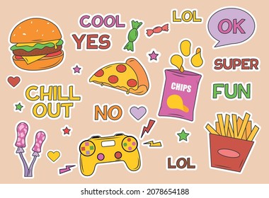 Set of funny stickers. Badges for children, pictures for social networks. Collection of fast food icons. Burger, pizza, fries, gamepad. Cartoon flat vector illustrations isolated on beige background