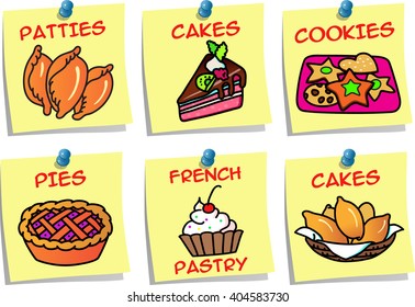 Set of funny stickers for bakery. Cakes, pies,french pastry,cookies. Collection of confectionery images. Sketch style stickers. Vector