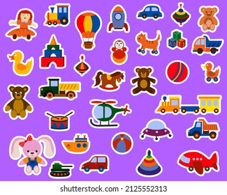 a set of funny stickers for children's toys. collection of vector illustrations of children's toys. for a baby shower or a scrapbook or for icons with doodles