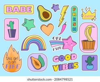 Set of funny stickers. Collection of bright label in retro style. Graphic elements on website. Vintage, 70s, 80s, 90s. Pictures for kids. Cartoon flat vector illustrations isolated on blue background