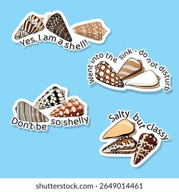 Set of funny stickers with cone seashells on blue background, vector cartoon style illustration