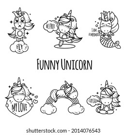A set of funny stickers with cute magic unicorns. Collection of illustrations in linear style. Icons with black stroke. Animals do yoga, sleep on the rainbow, swim mermaid in the sea, dance.