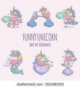 A set of funny stickers with cute magic unicorns. Collection of illustrations in cartoon style. Icons with white stroke. Animals do yoga, sleep on the rainbow, swim mermaid in the sea, dance.