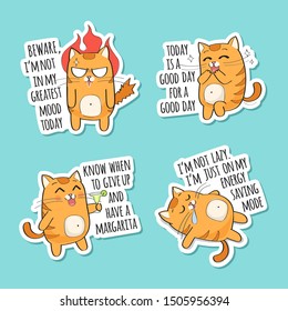 Set of funny stickers with a cute red cat and funny quotations. Lazy, angry, happy, drinking cat character. 