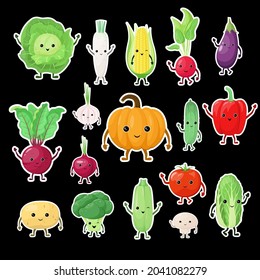 A set of funny stickers. Cute vegetables in a cartoon style.