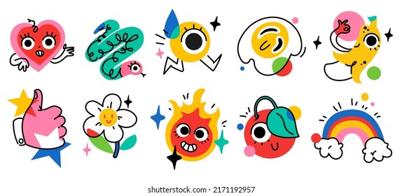 Set of funny Stickers, Patches, pins, stamps. Different cute comic Characters. Vector illustration in cartoon style isolated on white background