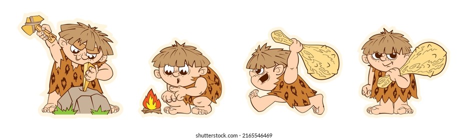 Un conjunto de pegatinas divertidas de un hombre primitivo prehistórico, figuras dinámicas de un personaje en un estilo de caricatura. Pegatinas, calcomanías, caracteres para la animación. Ilustración del vector