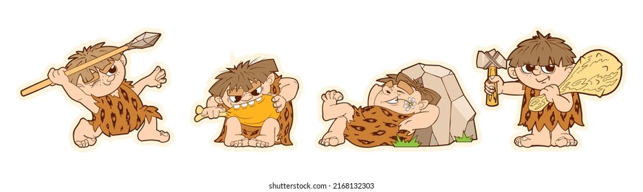 Un conjunto de pegatinas divertidas de un hombre primitivo prehistórico, figuras dinámicas de un personaje en un estilo de caricatura. Pegatinas, calcomanías, caracteres para la animación. Ilustración del vector