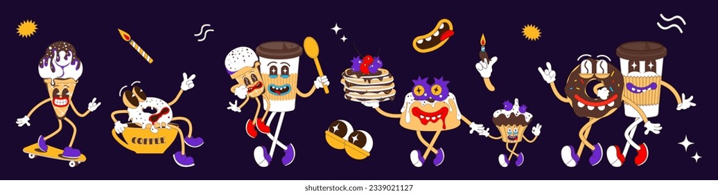 A set of funny stickers. Psychedelic sweets characters. Ice cream, donut, coffee, cupcake, Bundt cake, donut in coffee cup. Funny eyes and faces. Vector illustration of mascots in cartoon style.