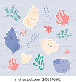A set of funny stickers with seashells, corals and algae in the kawaii style.