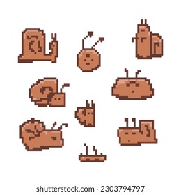 Set of funny stickers with snail characters in pixel art style