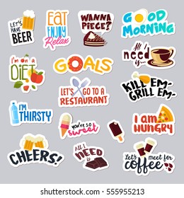 Set of funny stickers for social network. Food and drink stickers for mobile messages, chat, social media, online communication, networking, web design.