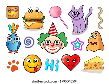set of funny stickers, vector collection of colored characters, clown, heart, smiling face, cat, bird for your design and social media isolated on white background