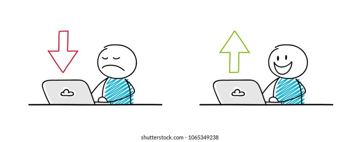 Set with funny stickmen working on laptop with up-arrow and down-arrow icons. Vector.