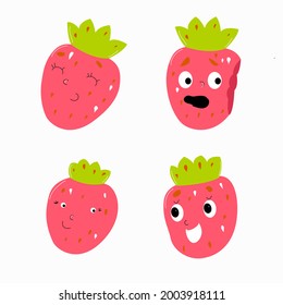 A set of funny strawberries with different emotions. Isolated elements. Children's illustration.