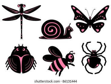 Set of funny stylized insects like emo stile