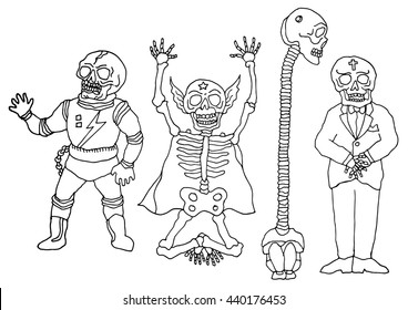 set of funny sugar skull skeletons, vector illustration design hand drawn doodle drawing