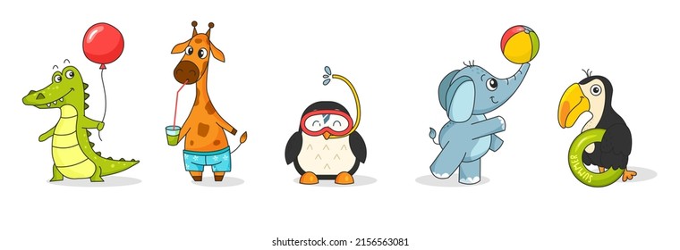 Juego de divertidos animales de dibujos animados de verano. Cocodrilo, jirafa, pingüino, elefante y tocan. Personajes vectoriales aislados con un tema de verano para postales, camisetas y cuadernos.