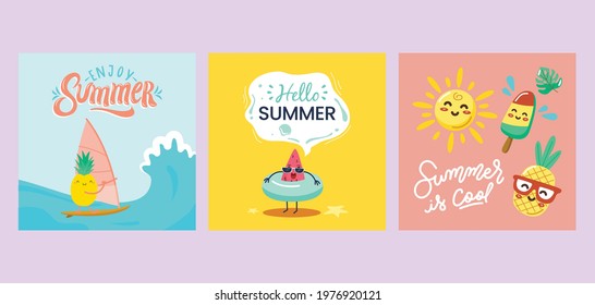 Set of funny summer icons: food, drinks, palm leaves, fruits. Bright summertime poster. Collection of scrapbooking elements for beach party.