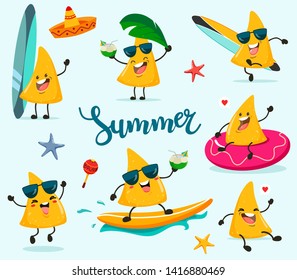 Set of funny summer nachos chips in a cartoon style kawaii. Vector isolated on a blue background.