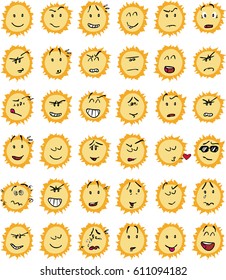 Set of funny sun character emojis; Cheerful, sad, angry, content ... and many more expressions.