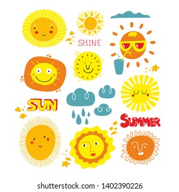 Set of funny sun characters with human faces and lettering. Vector collection of sky objects in summer time. 