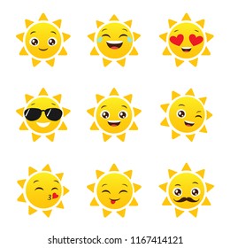 Set of funny sun emoticons for summer design. Happy sun vector emojis