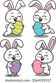 Set of funny and super cute easter bunny eggs with happy smile vector art