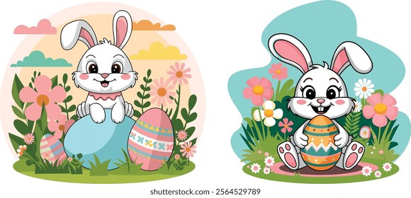 Set of funny and super cute Easter bunny eggs and flowers with happy smile vector art