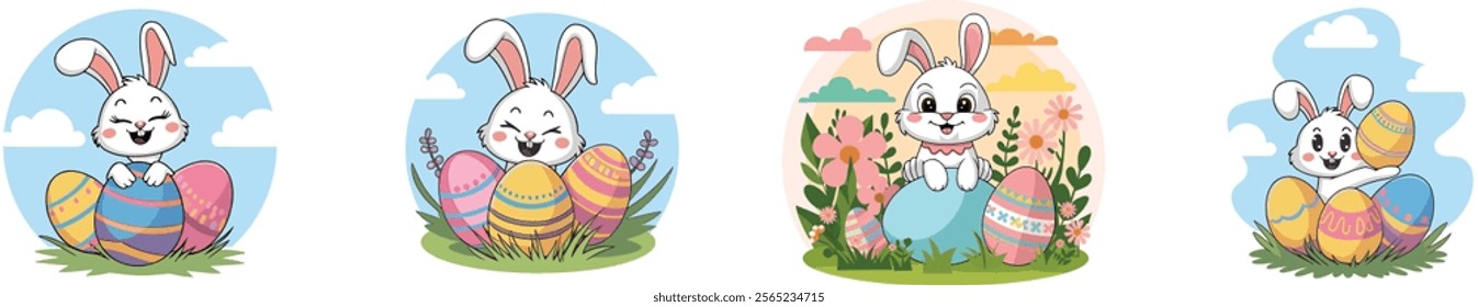 Set of funny and super cute easter bunny eggs and floral with happy smile vector art