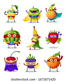 Set of funny superhero humanized characters fruit and berry in masks and capes. Vector illustration in flat cartoon style.