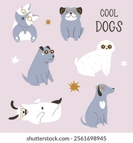 Set of funny superstar dogs in glasses. Vector illustration of adorable animal