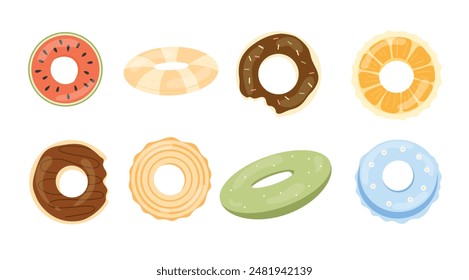 Set of funny swimming ring. Donuts,  orange, watermelon. Inflatable summer toys. Vector illustration isolated on white background.